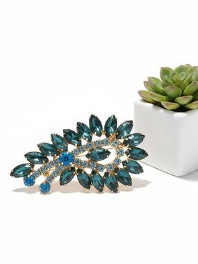 Vintage Blue Rhinestone Spray Brooch Gold Tone Navette Prong Set MCM